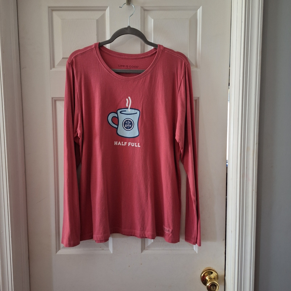 Life Is Good Coral Long Sleeve Tee with Coffee Graphic
